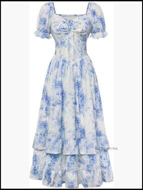Puff Sleeve Maxi Dress Corset Waist Floral Print Polyester